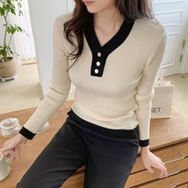 여자 에고 심플 배색라인 페이크 버튼 골지 니트