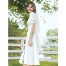 셀프 웨딩 드레스 신부 예복 브이넥 퍼프 소매 반팔 새틴 심플 원피스