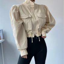 [엘샾] 여성 봄 아우터 하이넥 숏야상 캐주얼 스트링 크롭 자켓