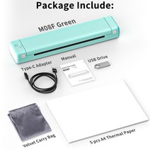 Phomemo 휴대용 USB 블루투스 무선 열전사 프린터 PC 휴대폰용 잉크 또는 토너 불필요 A4 용지 프린터 M, 04 Green Printer