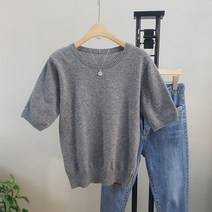 상상그이상 여성용 부드러운 캐시미어 터치 라운드 반팔 니트