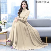 JUSTFEELING중년 여성 댄싱원피스 쉬폰 긴팔 원피스 빅사이즈 퓨어 컬러 롱원피스 무대촬영원피스