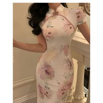 여름 원피스 하객 여성 룩 중국 스타일 미디 인쇄 드레스 솔리드 패션 파티 의류