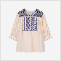 그린 버터 여성용 보헤미안 니들워크 린넨 블라우스 블루 셔츠 긴팔 635661 [정품]