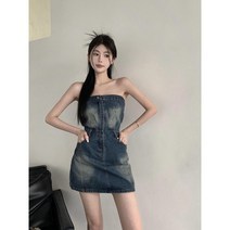 빈티지 데님 원피스 하이웨이스트 슬림 워시 캐주얼 스커트 민소매