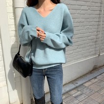 [옷자락] 여자 겨울 V넥 울니트 솔리드 여리핏 기본 티셔츠