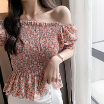 브이와이 여자 꽃무늬 탱크 볼드숄더 지지미 블라우스