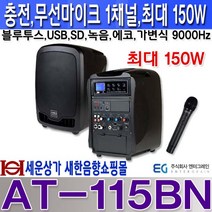 AT-115BN 카날스 충전식엠프 150W 1채널 무선마이크 블루투스 USB SD 녹음 에코 강의 각종 실내외 행사 진행용 안전교육 학교유치원학원 버스킹 섹소폰연주AT115BN, 무선핀마이크형