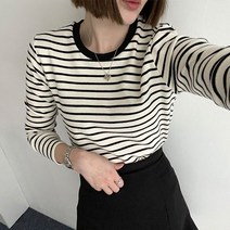 더클립 / 모찌모찌 피치기모 스트라이프 단가라 긴팔 티셔츠