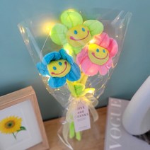 LED 스마일 꽃인형 인형꽃다발 3송이 꽃 조화 졸업식 행사주문 단체주문 미니 꽃다발, 스카이