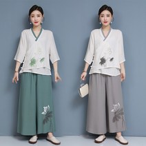 상의 와이드 슬랙스 팬츠 5383 여름 에스닉 무드 면린넨 루즈핏 수놓다 꽃 클래식