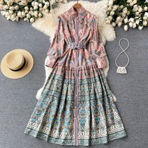 M-2XL 보헤미안 프렌치 에스틱 패턴 롱 맥시 원피스