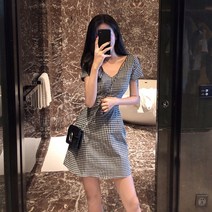 여름 브이넥 체크 미니 원피스