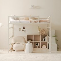 [5일배송]업다운 높이조절 철제 벙커침대 퀸 Q 수납계단, 화이트Q_오크_KME705W0C