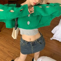 펀칭 크롭 니트/구멍 빵구 웜홀 라운드 그린 오버핏