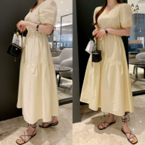 브이넥 소매퍼프 허리셔링 캉캉 반팔 여름 롱원피스