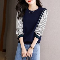 채윤러브 캐주얼 라운드넥 배색 줄무늬 긴팔 티셔츠