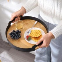 대나무 원형 손잡이 트레이 카페 원목 우드 쟁반 우드트레이 원형트레이 대나무트레이 원형쟁반, 블랙