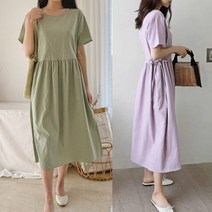 레오 반팔원피스)린넨원피스 반소매 여름원피스 라운드넥 양쪽리본 플리츠 주름원피스 보라색 베이지 민트색 무지 드레스 긴기장