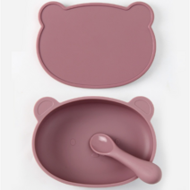 [하리보식기] 곰 디자인 두꺼운 실리콘 유아 식기 그릇 세트, 흡인 컵 라벤더+커버+스푼