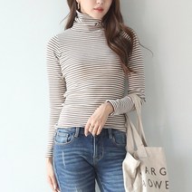 마이너스2인치 여성용 4컬러 겉기모 스트라이프 부드러운 폴라넥 티셔츠 긴팔