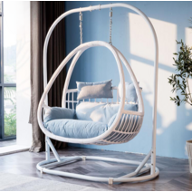 라탄그네의자 나무 그네 원목 흔들 행잉 체어, 클래식 더블 화이트 / 프리쿠션