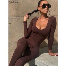핸드프레스 가중공예 고정 철형 Nibber-기본 바디콘 점프 슈트 여성용 의류 캐주얼 브라운 피트니스 롬퍼스, 02 BROWN Full Sleeve_02 M