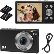 Animdreti 디지털 카메라 자동 초점 디지털 카메라 4800 만 화소 2.7K FHD1520P 녹화 700mAh2 개 탑재 웹캠 손떨림 보정 얼굴 검출 스마일 캡처 연속 촬영 셀카 16 배 줌 2.88 인치 IPS 스크린 경량 2.88 인치 블랙)