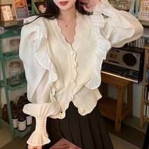 셀럽하우스 크림색 니트 프릴 블라우스 러블리 패션 데이트룩, 기본상품