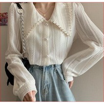 【카라큰 아이보리 블라우스 진주단추 자수패턴 예쁜옷】 리코디청순룩