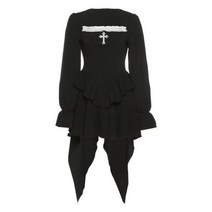 롱 학생 하객룩 원피스 흰색 여친룩 가을 봄 세련된 불규칙한 밑단 고딕 드레스 스퀘어 칼라 퍼프 슬리브 슬림한 스트리트웨어 긴 소매 블랙