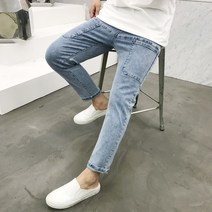 용된다 남자 연청 워싱 스판 카고 건빵 밴딩 청바지