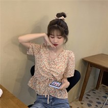 블라우스 셔치 스트링 빅사이즈 화이트 리본쉬폰 셔츠 여성 주름 쉬폰 프린트 반팔 v넥 스위트 시크 얼짱 패션 심플 슬림