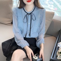 봄 프릴 기질 리본 블라우스 블라우스 벌룬 소매 레깅스 상의