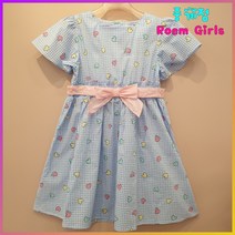 로엠걸즈 중계점~ 시원한 아사 나염 리본 포인트 체크 반팔 원피스 블루 여아 여름 치마
