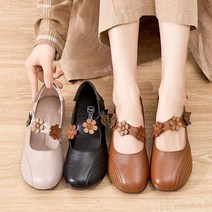 여성 가죽 컴포트슈즈 꽃 장식 슬립온 벨크로 컴포트 구두