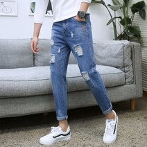 일자통바지 여름 연한색 다포켓 코디 청년 중학교 데님 바지남자 얇은 대미지 322566195
