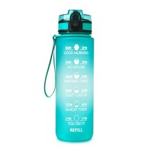 동기 부여 시간 마커 앰프가있는 1l 32oz 물병 밀짚 bpa 무료 무독성 누출 방지 체육관 야외 스포츠 음주, 초록