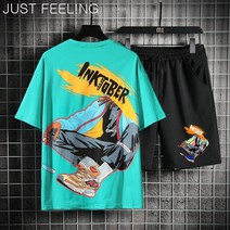 JUST FEEL!NG 남성 루즈핏 티셔츠 멋스러운 주니어 투피스 빅사이즈 여름 반팔티 반바지 상하복 세트