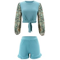 여자 리브 베드 2pcs 의상 Paisley Lantern Sleeve Tie Top Top Short Loungewear