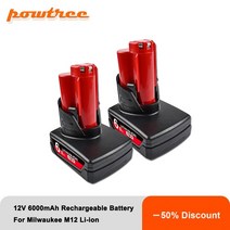 디월트파워스택 배터리 밀워키 m12 xc 무선 도구용 12v 6000mah 충전식 48 11 2402 48 11 2411 48 11 2401 mil 12a l, 2 조각 6000mah, 1개