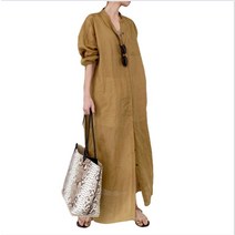 중년 린넨원피스 국경 간 모델 일본과 새 셔츠 봄 가을 단색 린넨 오버핏 면 린넨 여성