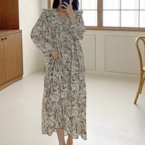 여자 러블리 플라워 패턴 빅카라 플리츠 쉬폰 롱원피스