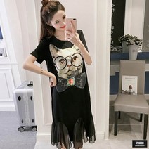 가바바 여성 빅사이즈 원피스 안경쓴 리본고양이 캐주얼 롱원피스 G50376