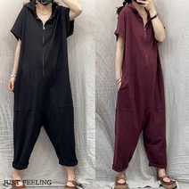 JUST FEEL!NG （이것은 저질 브랜드입니다）오버핏 여성 반팔 점프수트 데일리 집업 후드 빅사이즈 패션 빈티지 운동복 점프슈트