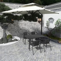 파라솔세트 대형 야외 옥상그늘막 비치 낚시 피크닉 편의점 카페 캠핑 접이식 테라스, 120 블랙 철제 롱테이블+4 의자+로마우산