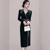 수입 니트 랩 원피스 슬림 배색 허리 끈 벨티드 겨울 결혼식 하객룩 가을 복장 30대 40대 아나운서 협찬 대여 블랙 단정한