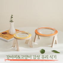 강아지 고양이 유리 밥그릇 물그릇 원목받침대 예쁜식기 컬러식기, 민트, Large