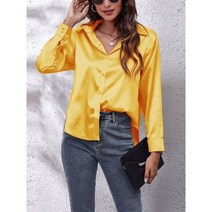 코발트 블루 셔츠 파란색 블라우스 남방 난방 봄 새틴 루즈한 버튼업 용 모조 실크