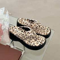 여자 여름 수제 송치 호피 레오파드 통굽 키높이 쪼리 슬리퍼